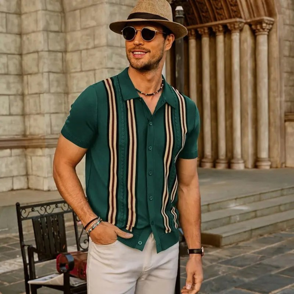 PJ Paul Jones Polo Shirt Mens S Green Striped Retro Knit Button Up Short Sleeve
